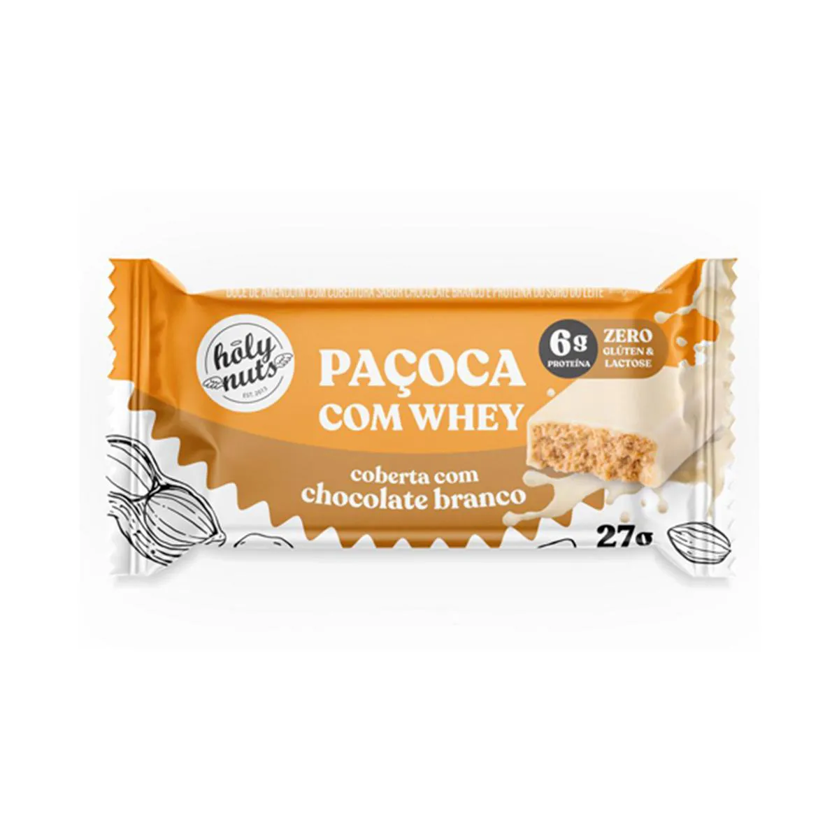 Paçoca com Whey Holy Nuts Coberta com Chocolate Branco 27g