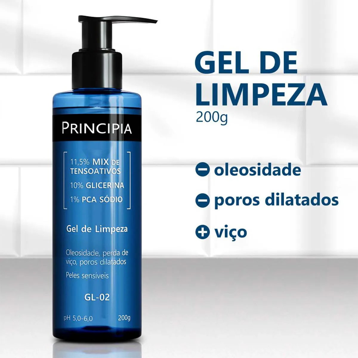 Kit Facial Principia Skincare Gel de Limpeza Suave GL-02 200ml + Protetor Solar PS-01 FPS 60 40ml + Sérum Anti-Idade Mix-02 30ml