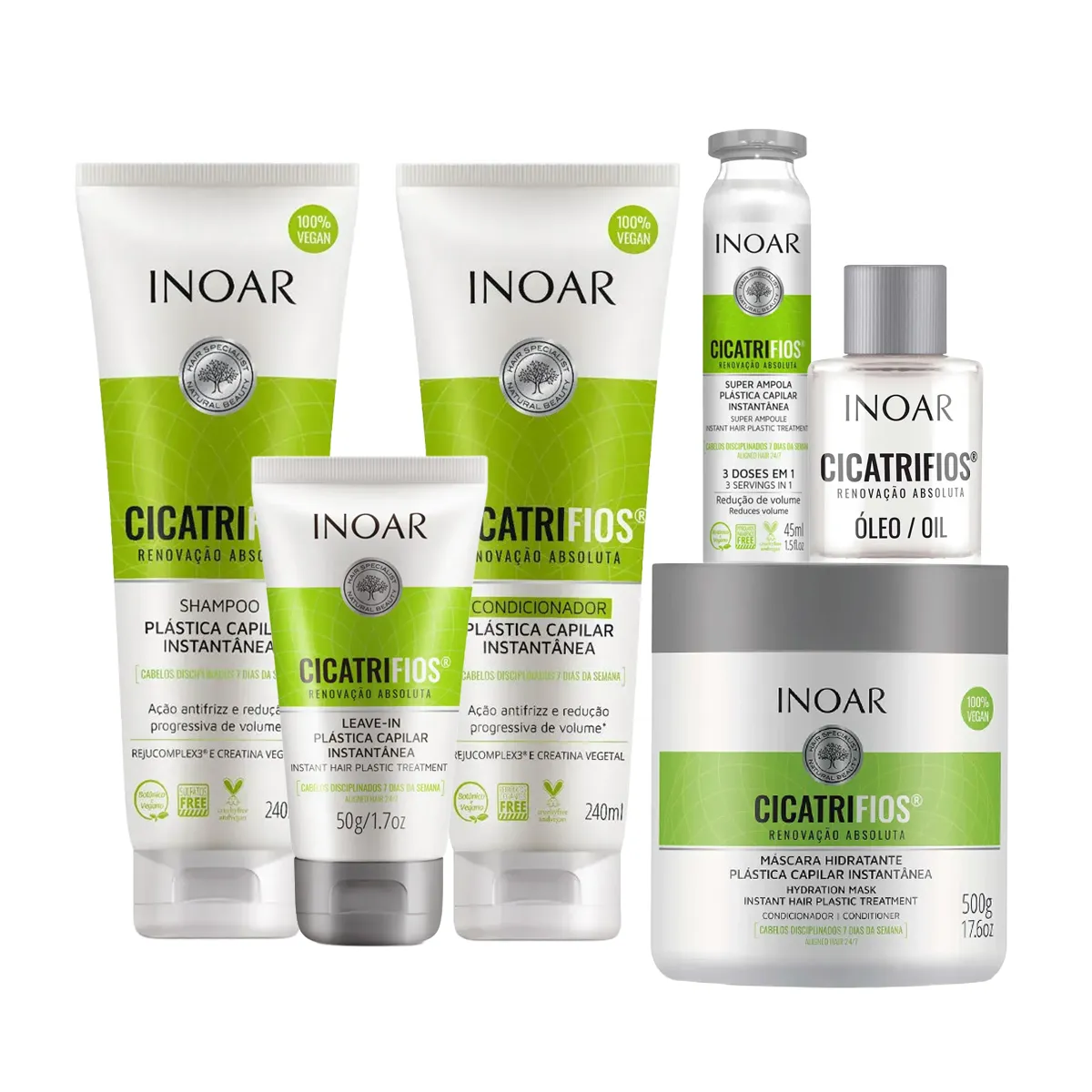 Kit Inoar Cicatrifios Shampoo 240ml + Condicionador 240ml + Leave-In 50ml + Ampola 45ml + Máscara de Hidratalção 500g + Óleo 7ml