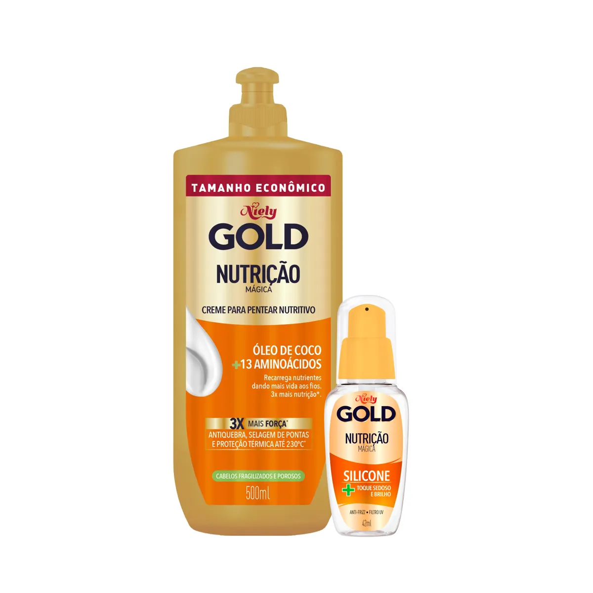 Kit Niely Gold Nutrição Mágica Creme de Pentear 500ml + Silicone para Cabelo 42ml
