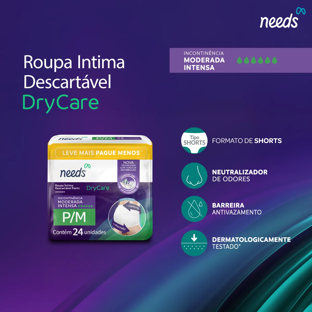 Roupa Íntima Descartável Needs DryCare Pants P/M 24 Unidades