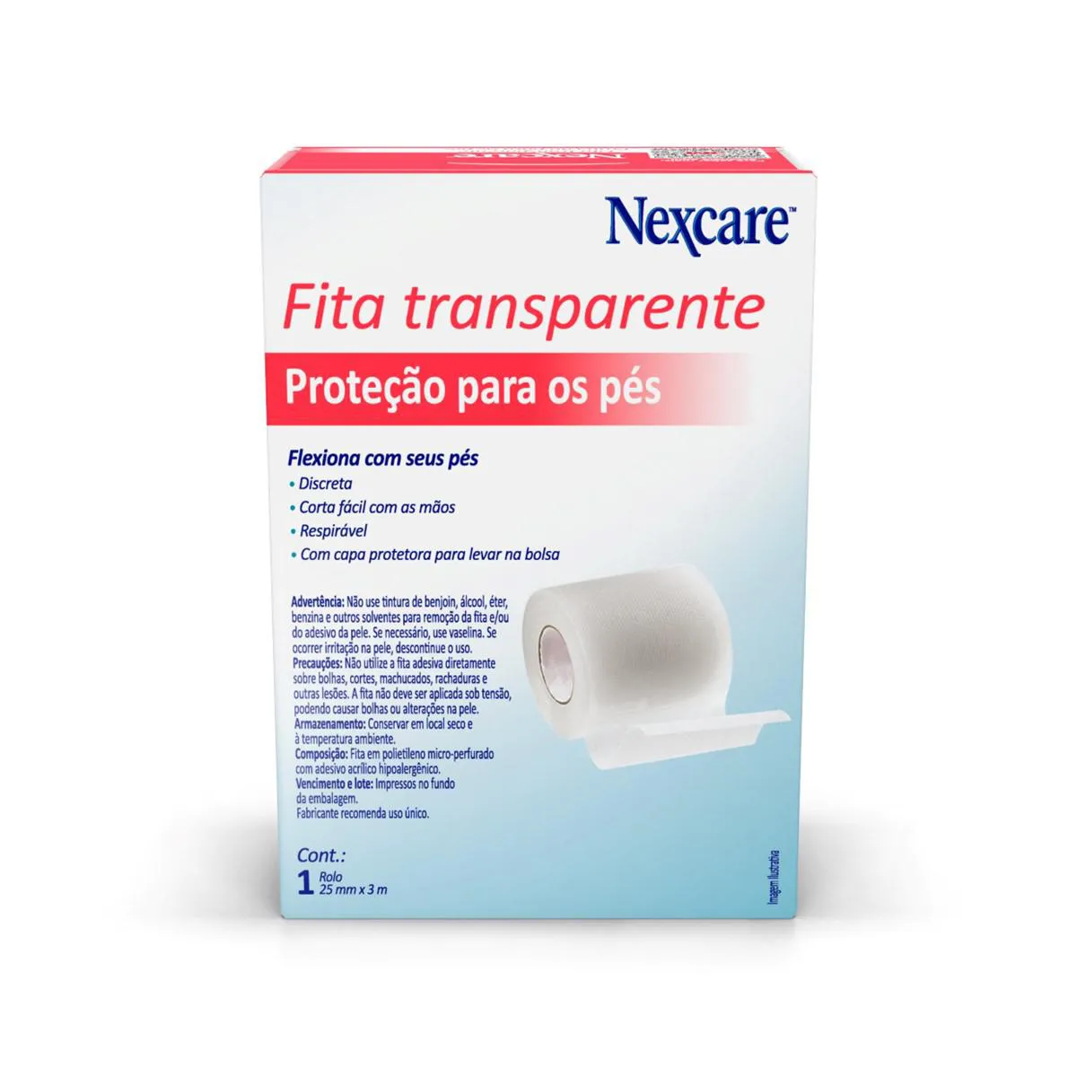 Fita Protetora para os Pés Nexcare Transparente com 1 rolo de 25mmx3m