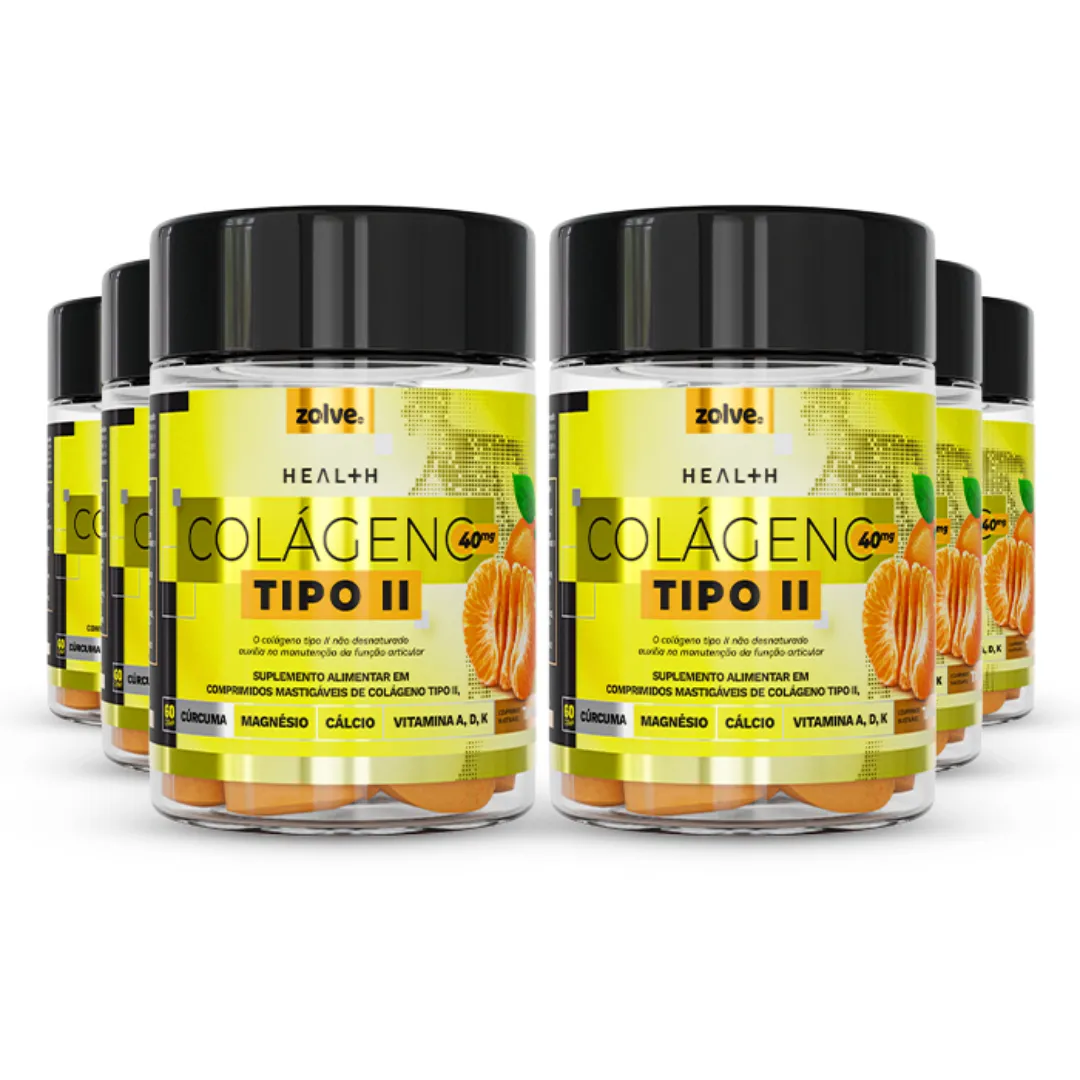 Suplemento Natural Colágeno tipo 2 - UC‑II®, não desnaturado, 6 Potes com 60 Cápsulas  Mastigáveis Sabor Tangerina Zolve Labs