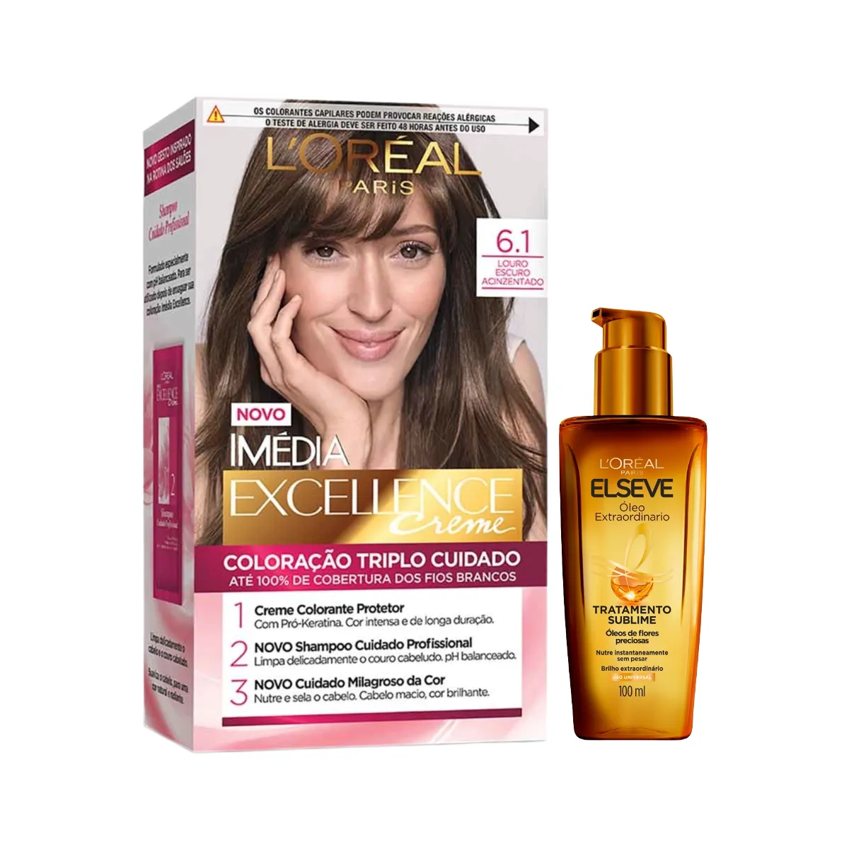Kit L'Oréal Paris Tinta de Cabelo Permanente Imédia Excellence Creme 47g - 6.1 Louro Escuro Acinzentado + Óleo Extraordinário Tratamento Reconstrutor Elseve 100ml
