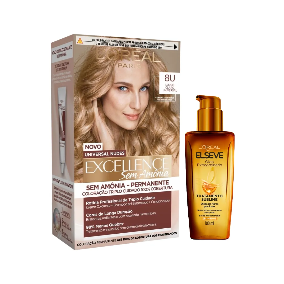 Kit L'Oréal Paris Tinta de Cabelo Permanente Imédia Excellence Sem Amônia - 8U Louro Claro Universal + Óleo Extraordinário Tratamento Reconstrutor Elseve 100ml