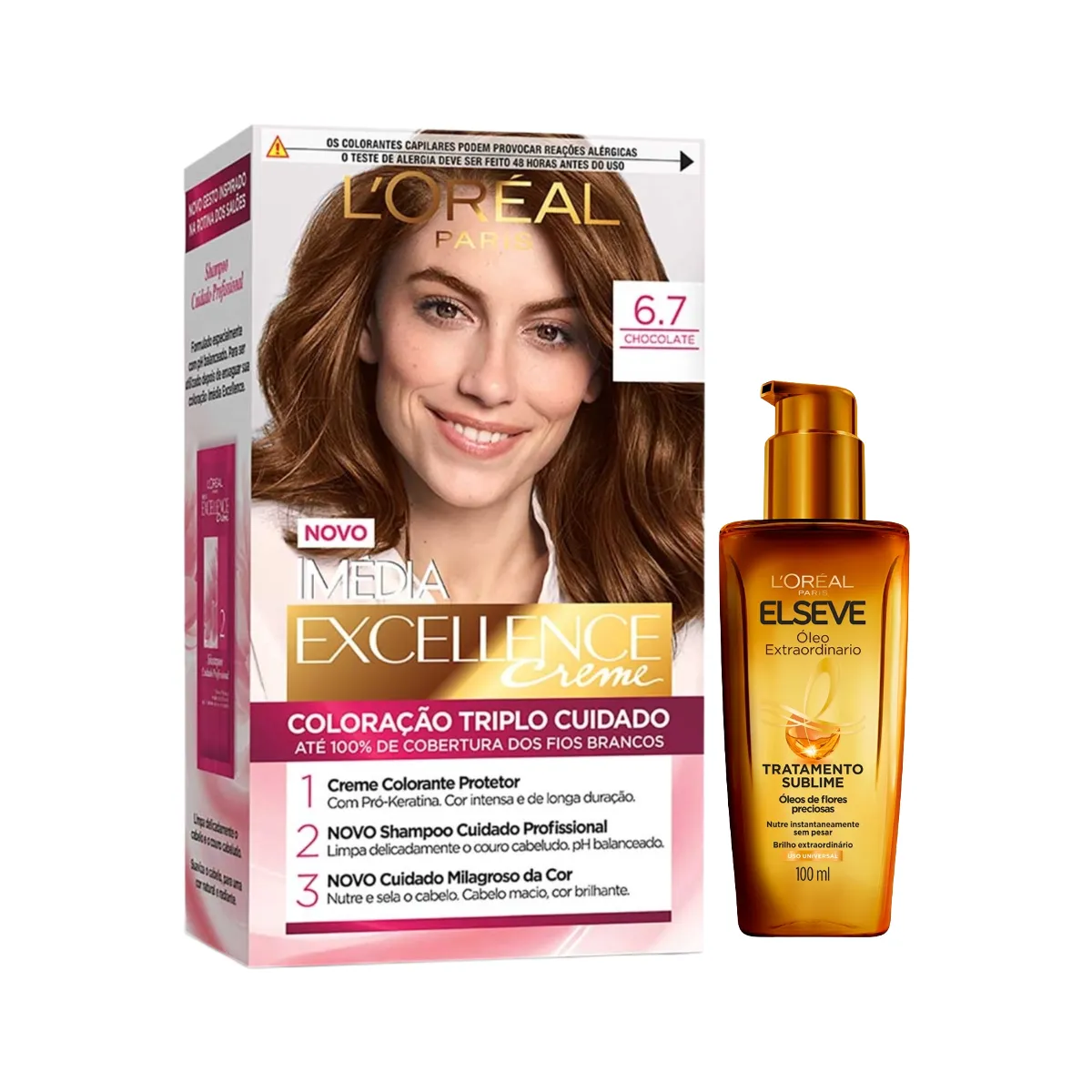 Kit L'Oréal Paris Tinta de Cabelo Permanente Imédia Excellence Creme - 6.7 Chocolate + Óleo Extraordinário Tratamento Reconstrutor Elseve 100ml