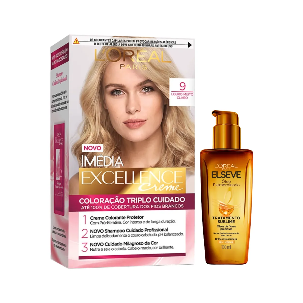 Kit L'Oréal Paris Tinta de Cabelo Permanente Imédia Excellence Creme - 9 Louro Muito Claro + Óleo Extraordinário Tratamento Reconstrutor L'Oréal Paris Elseve 100ml