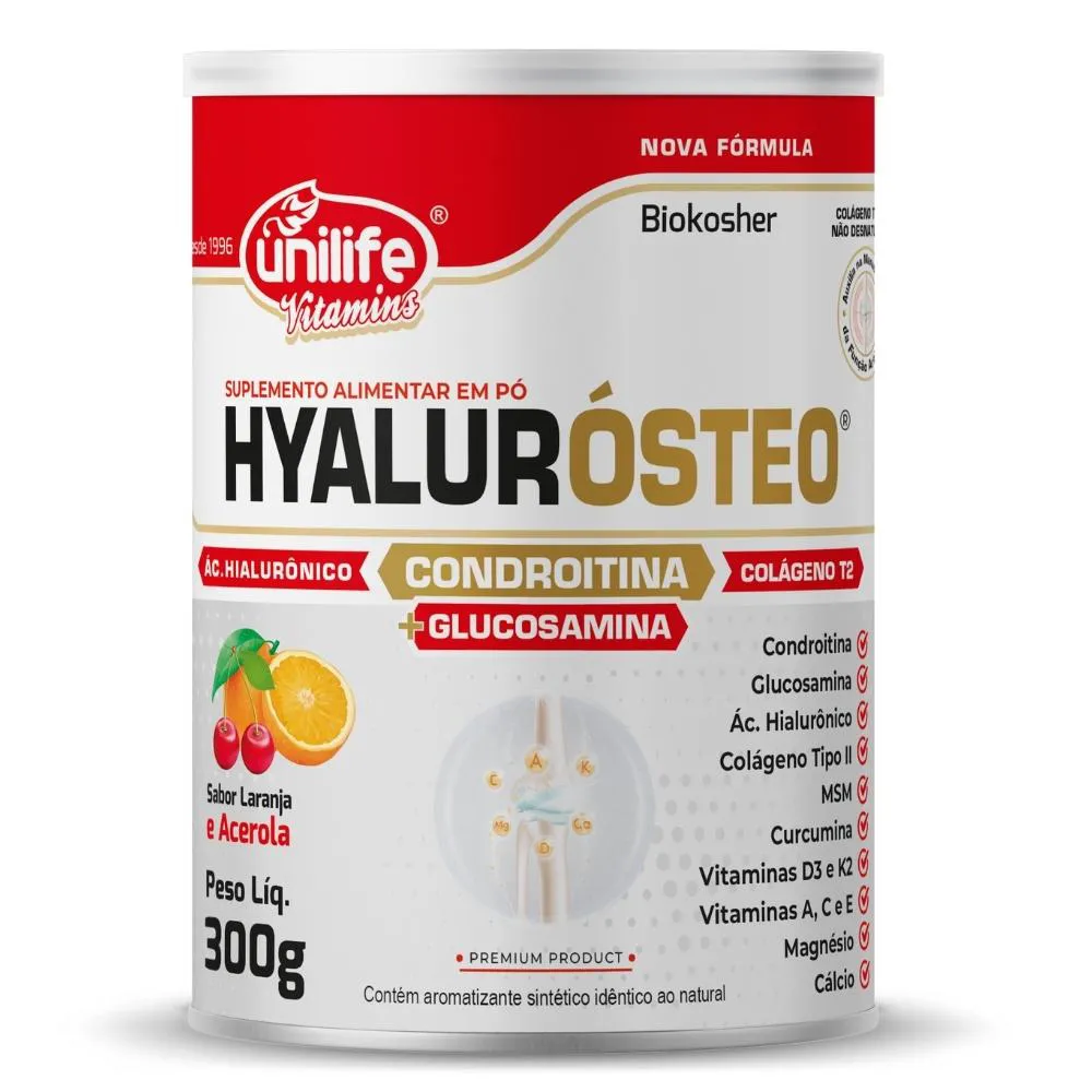 Glucosamina, Condroitina e Colágeno Tipo 2 Hyalurósteo 300G Unilife
