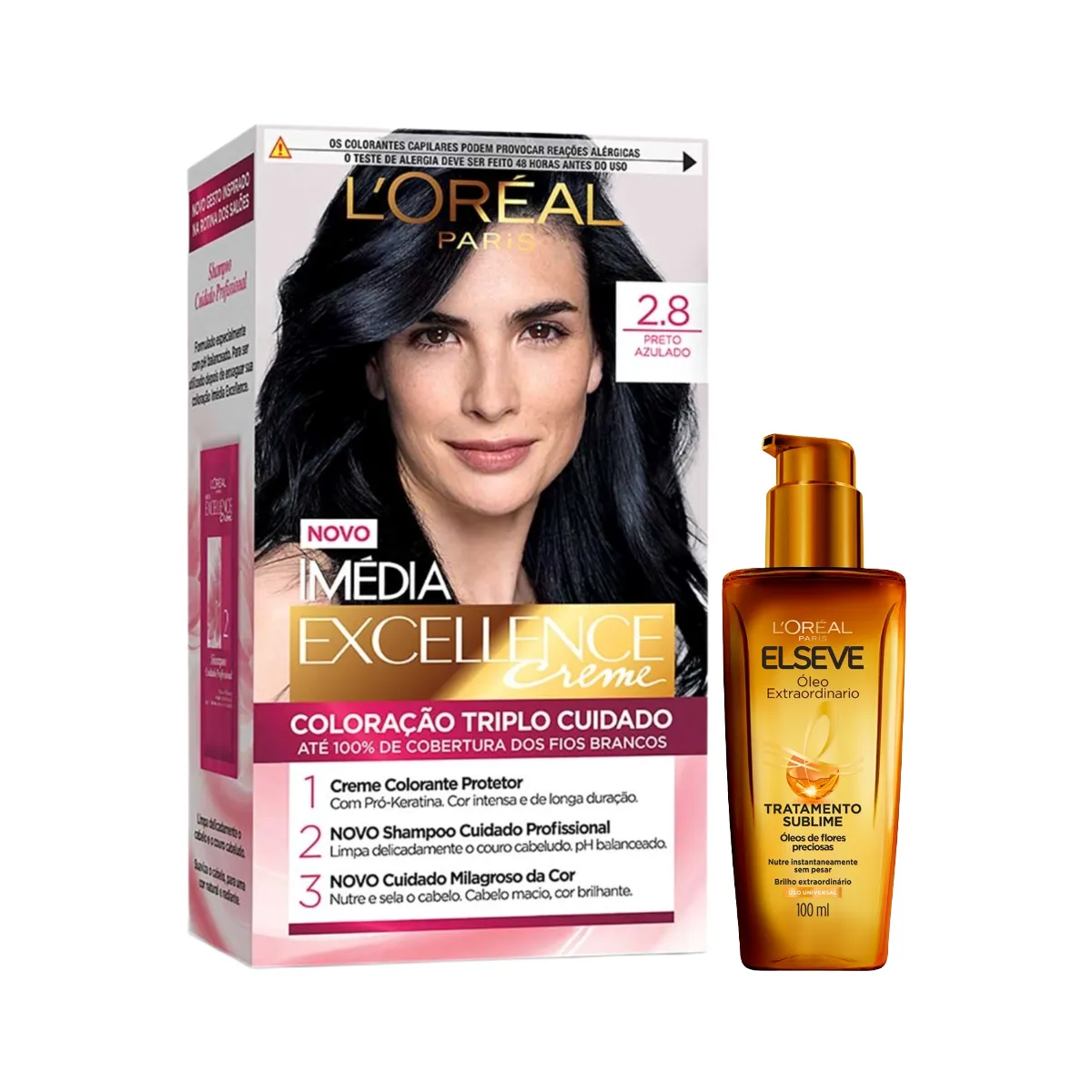 Kit L'Oréal Paris Tinta de Cabelo Permanente Imédia Excellence Creme - 2.8 Preto Azulado + Óleo Extraordinário Tratamento Reconstrutor Elseve 100ml
