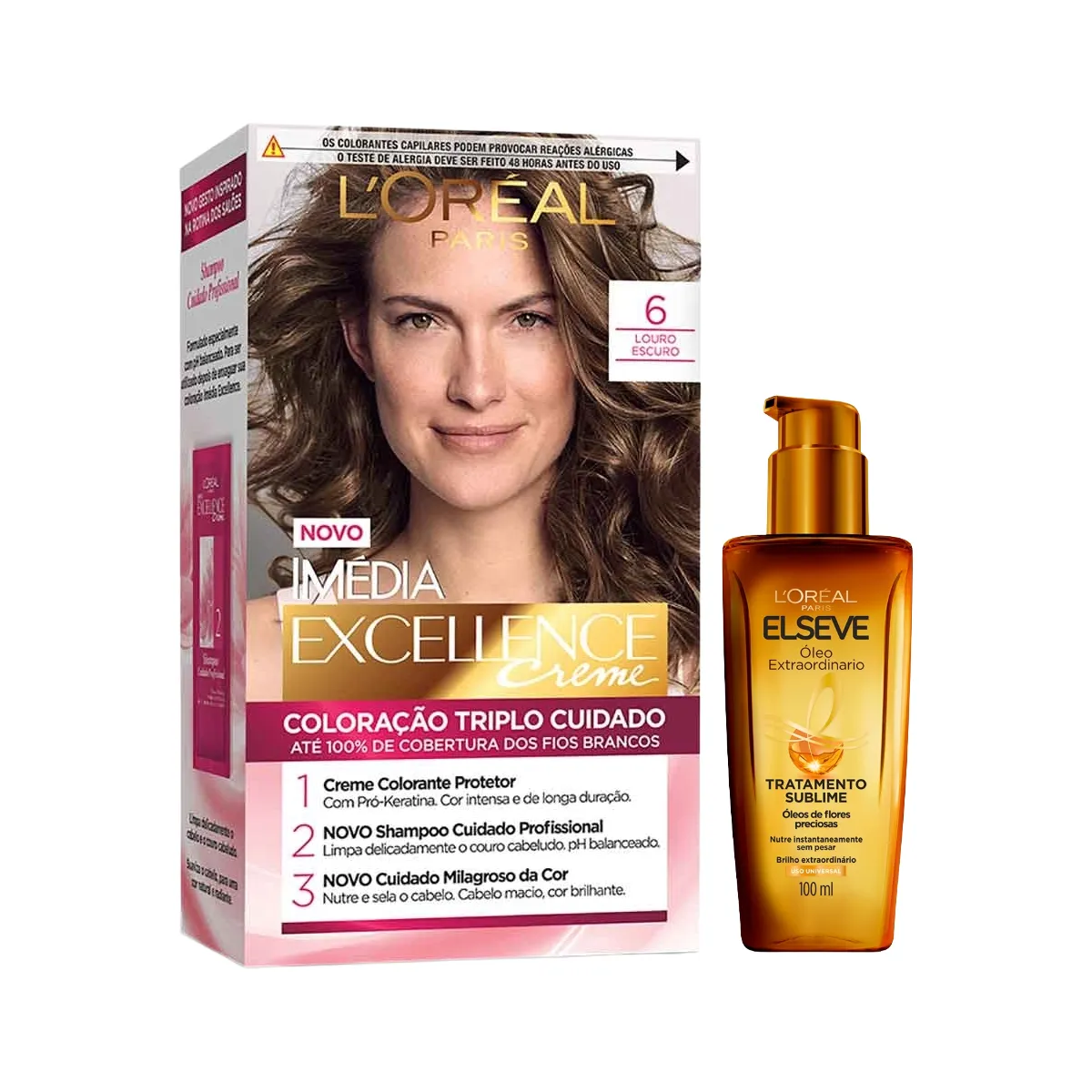 Kit L'Oréal Paris Tinta de Cabelo Permanente Imédia Excellence Creme - 6 Louro Escuro + Óleo Extraordinário Elseve Tratamento Sublime 100ml