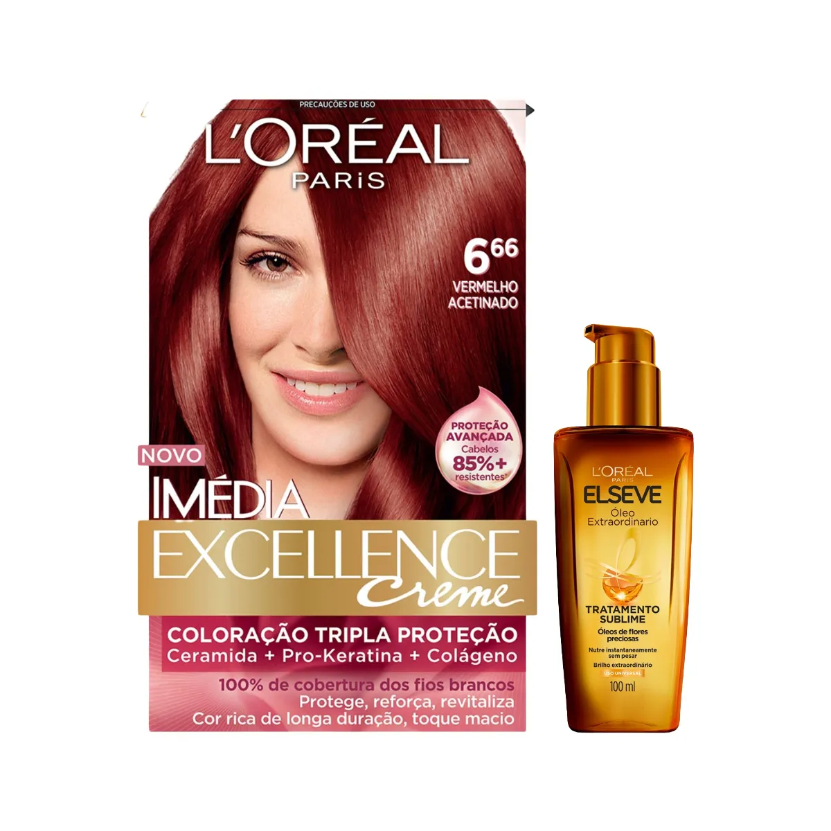 Kit L'Oréal Paris Tinta de Cabelo Permanente Iméida Excellence Creme - 6.66 Vermelho Acetinado + Óleo Extraordinário Tratamento Reconstrutor Elseve 100ml