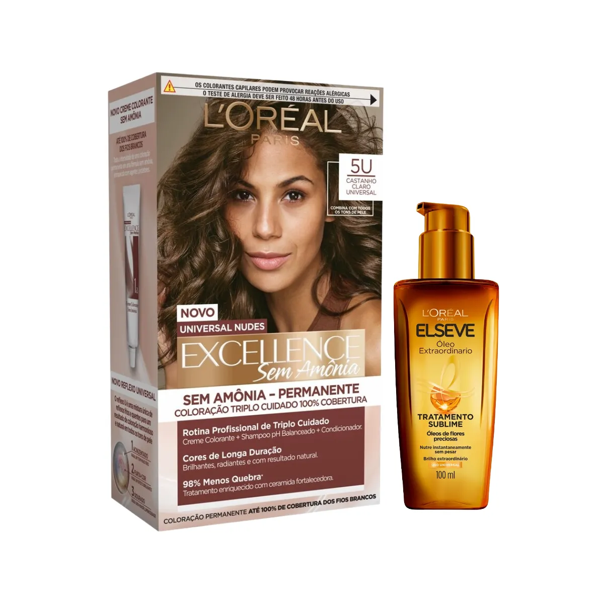 Kit L'Oréal Paris Tinta de Cabelo Permanente Imédia Excellence Sem Amônia - 5U Castanho Claro Universal + Óleo Extraordinário Elseve Tratamento Sublime 100ml