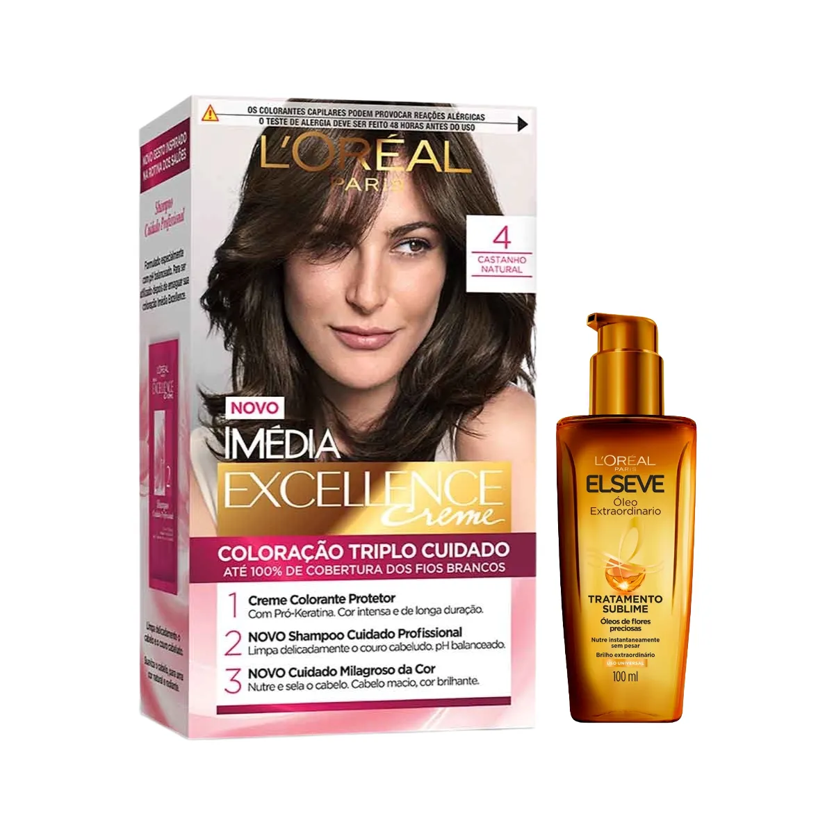Kit L'Oréal Paris Tinta de Cabelo Permanente Imédia Excellence Creme - 4 Castanho Natural + Óleo Extraordinário Elseve Tratamento Sublime 100ml