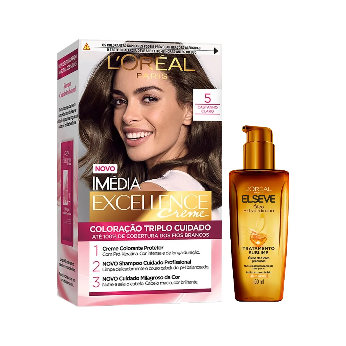 Kit L'Oréal Paris Tinta de Cabelo Permanente Imédia Excellence Creme - 5 Castanho Claro + Óleo Extraordinário Elseve Tratamento Sublime 100ml