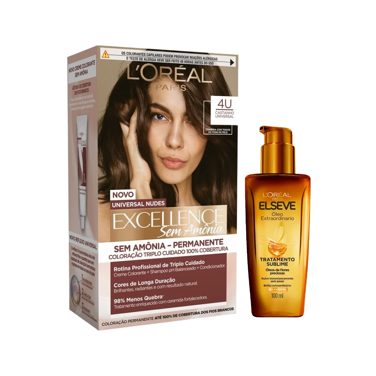 Kit L'Oréal Paris Tinta de Cabelo Permanente Imédia Excellence Sem Amônia - 4U Castanho Universal + Óleo Extraordinário Elseve Tratamento Sublime 100ml