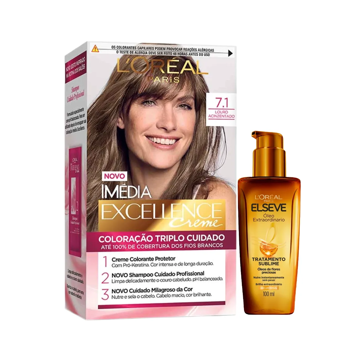 Kit L'Oréal Paris Tinta de Cabelo Permanente Imédia Excellence Creme - 7.1 Louro Acinzentado + Óleo Extraordinário Elseve Tratamento Sublime 100ml