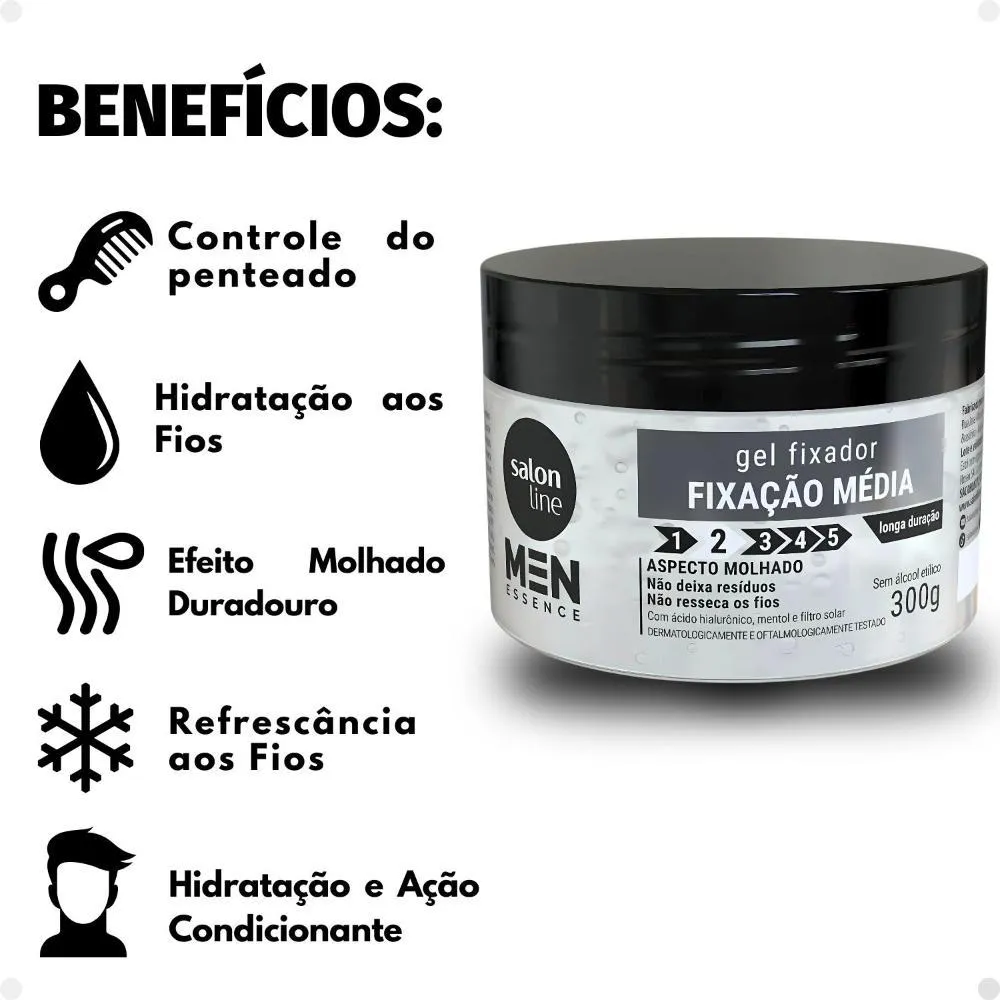 Gel Fixador Salon Line Men Essence Fixação Média Aspecto Molhado 300g