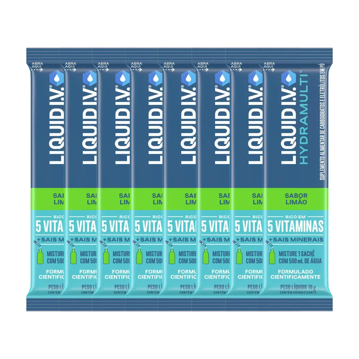 Kit Suplemento Alimentar Pó Liquid I.V. Hydramulti Limão Sachê 16g 8 Unidades