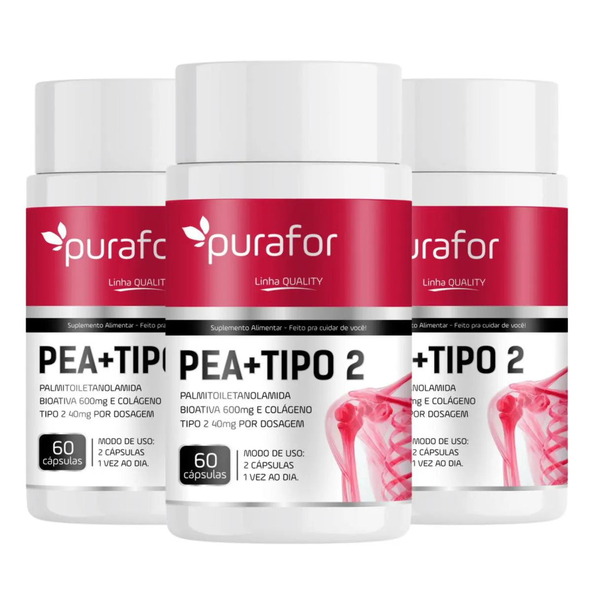 Kit 03 Pea 600 Palmitoiletanolamida Bioativa com Colágeno Tipo 2 I 60 Caps Purafor