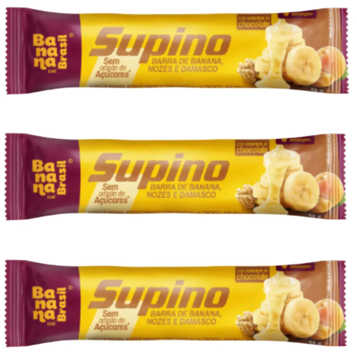 Kit 3 Barra de Banana com Nozes e Damasco com Chocolate Branco 24G Banana Brasil