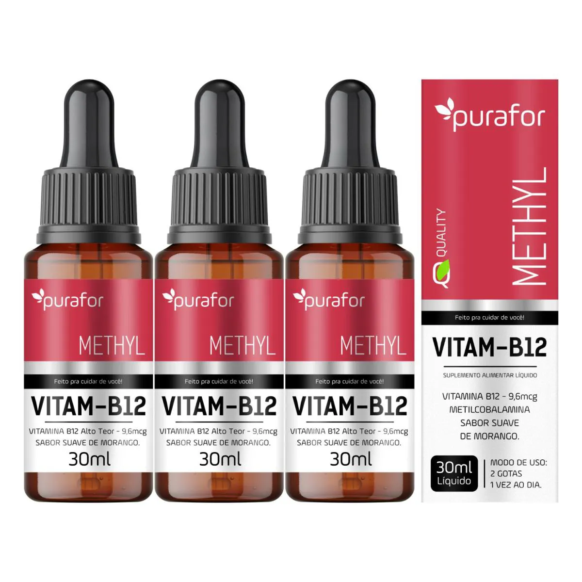 Kit 3 Vitamina B12 Metilcobalamina 30Ml Purafor – Sabor Morango, Alta Absorção