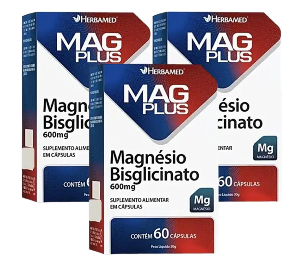 Kit 3 Mag Plus Magnésio Bisglicinato 600mg 60 cápsulas -herbamed
