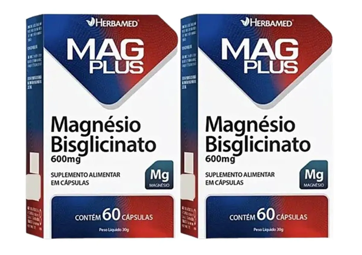 Kit 2 Mag Plus Magnésio Bisglicinato 600Mg 60 Cáps -Herbamed