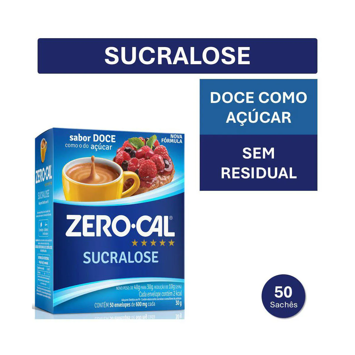 Adoçante em Pó Zero-Cal Sucralose - 1 Unidade com 50 Sachês de 600mg cada
