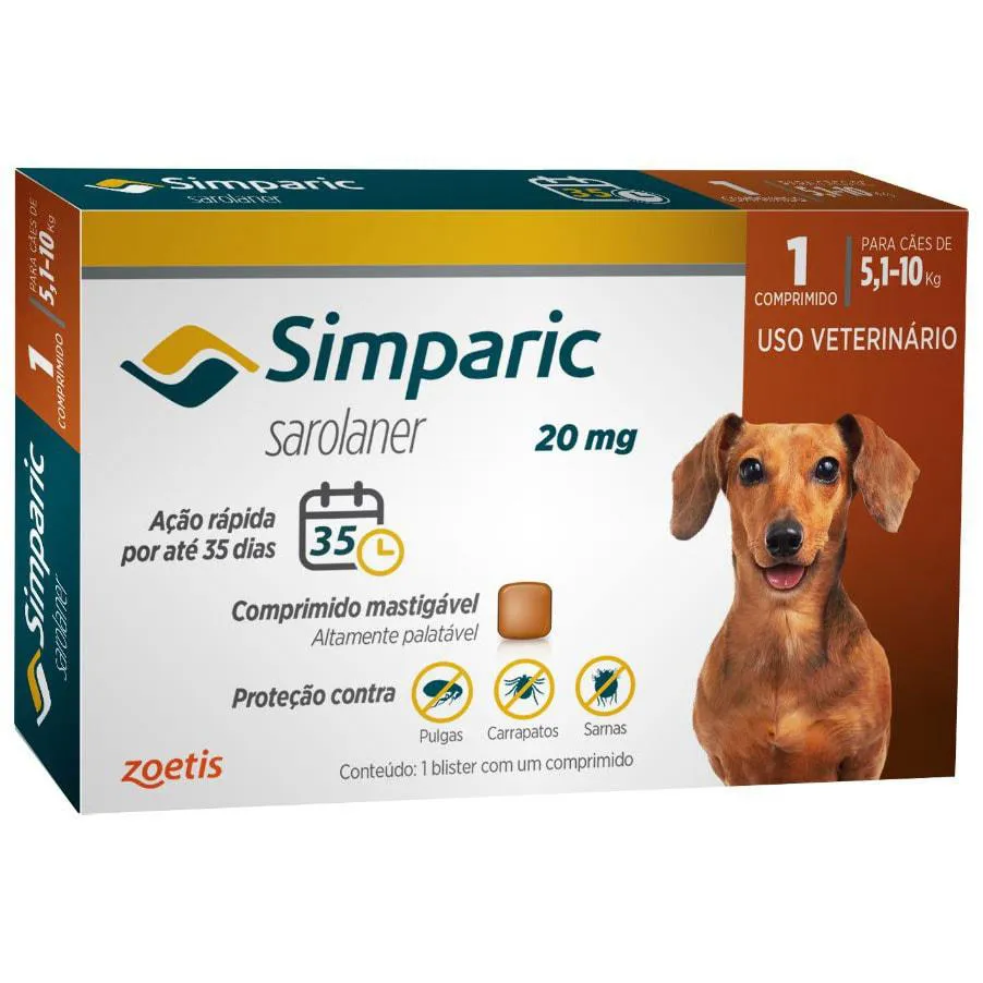 Antipulgas Simparic 20Mg para Cachorros de 5,1Kg Até 10Kg Com1 Comprimido
