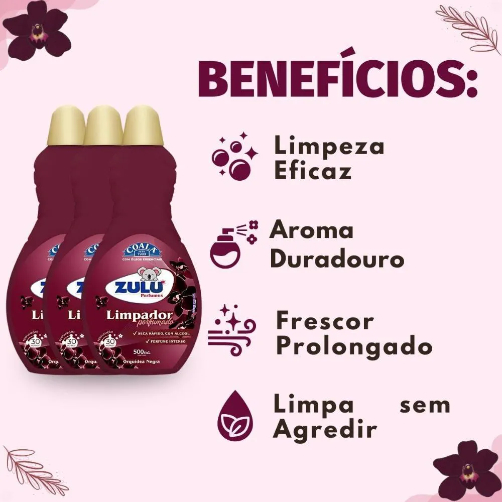Kit Coala Zulu Perfumes: 3 Limpadores Perfumados Orquídea Negra 500ml