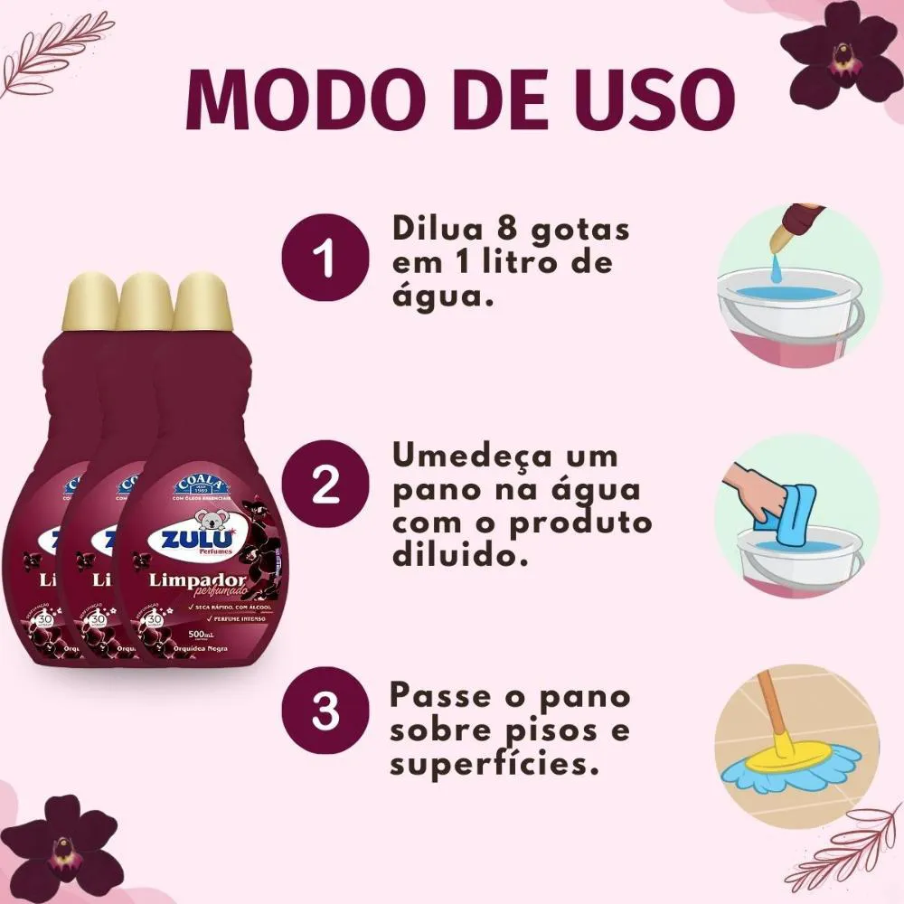 Kit Coala Zulu Perfumes: 3 Limpadores Perfumados Orquídea Negra 500ml