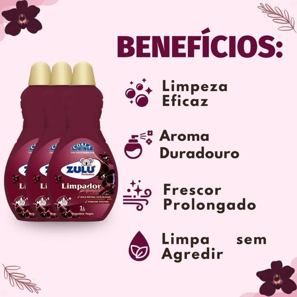 Kit Coala Zulu Perfumes: 3 Limpadores Perfumados Orquídea Negra 1l