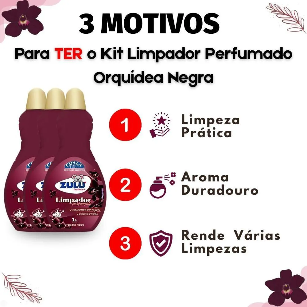 Kit Coala Zulu Perfumes: 3 Limpadores Perfumados Orquídea Negra 1l
