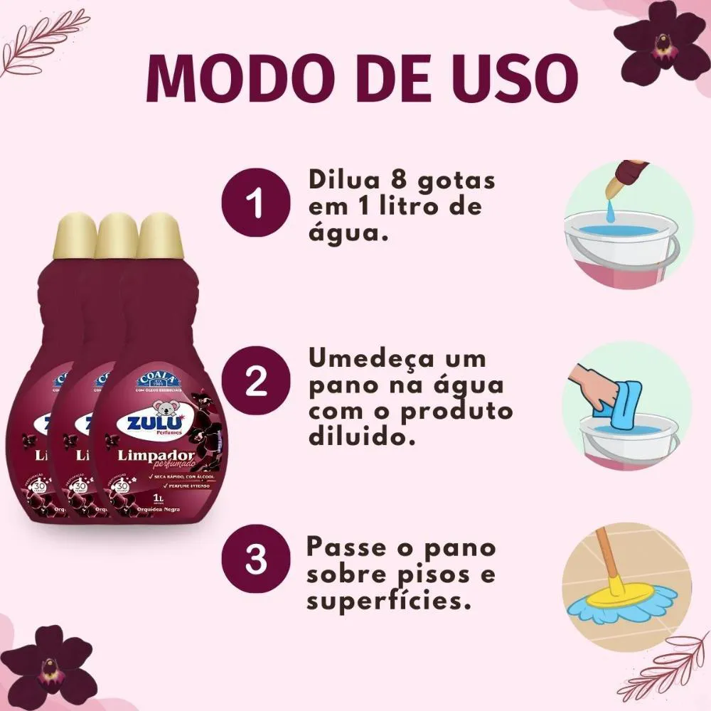 Kit Coala Zulu Perfumes: 3 Limpadores Perfumados Orquídea Negra 1l