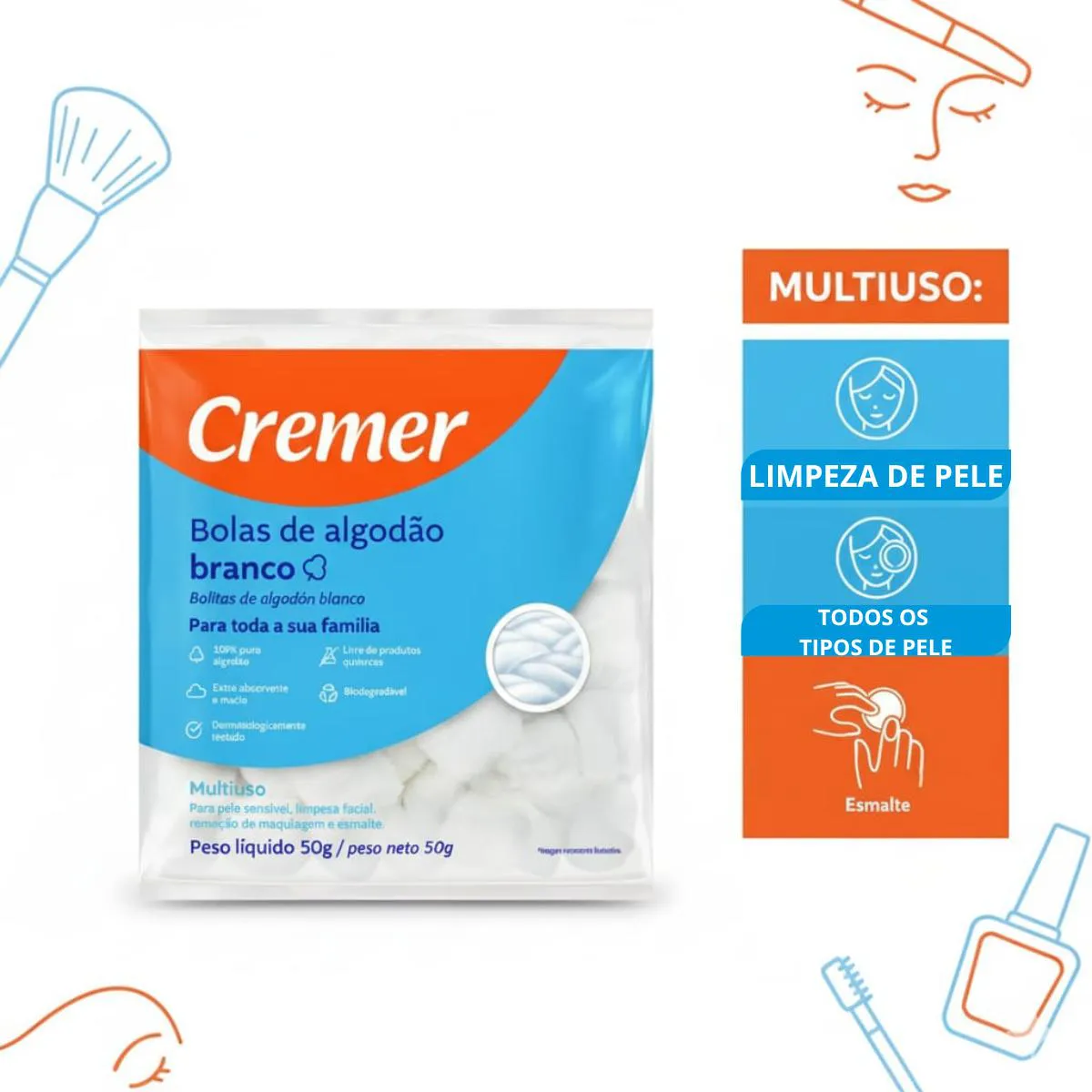 Algodão Bola Branco Cremer 50G Puro Pacote Unhas - Curativo