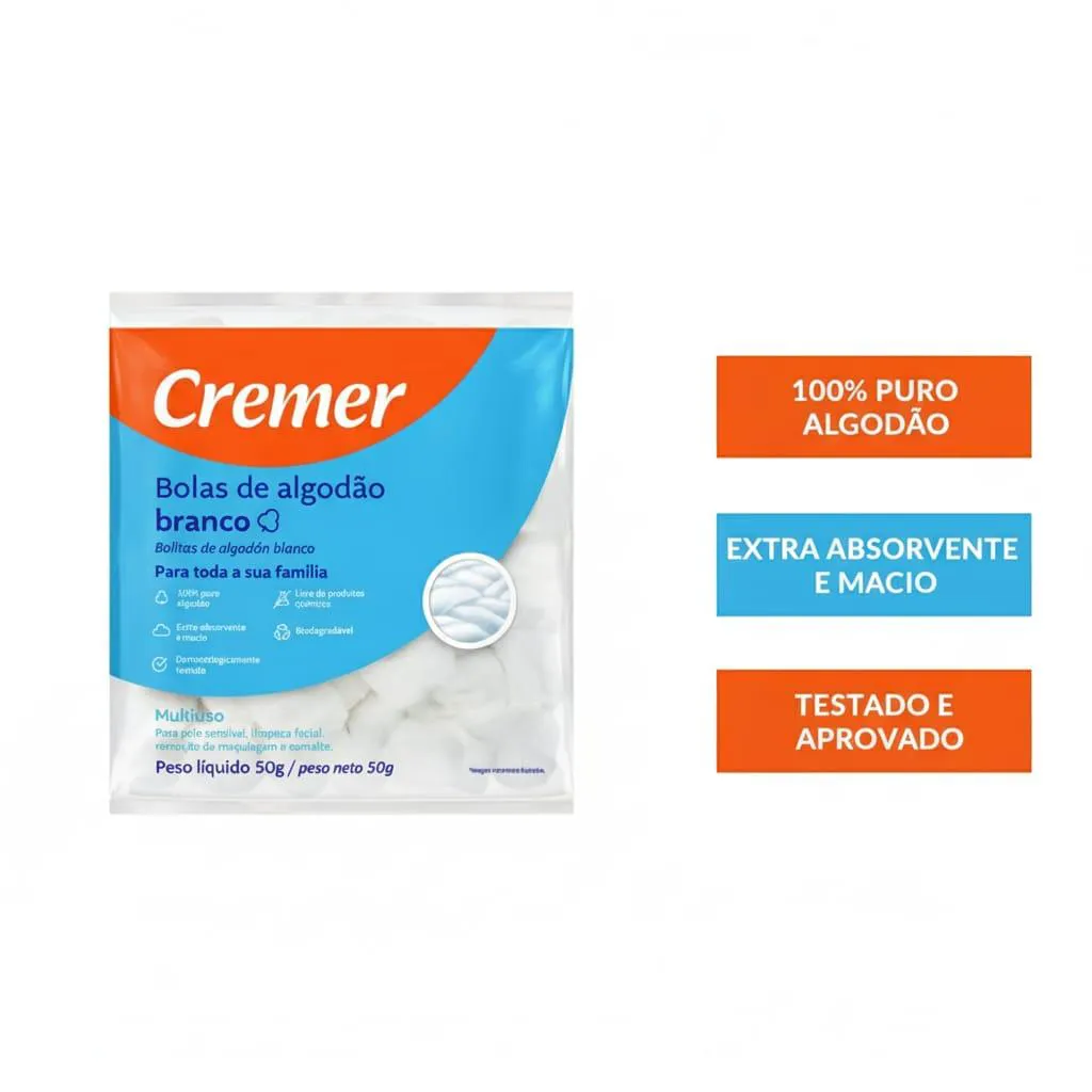 Algodão Bola Branco Cremer 50G Puro Pacote Unhas - Curativo