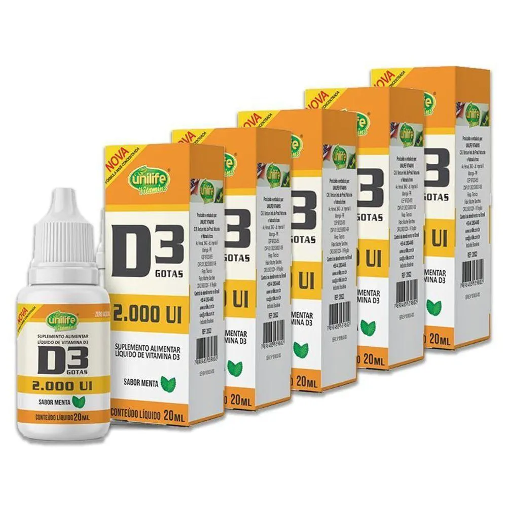 Kit 5 Vitamina D3 2.000 Ui Unilife Menta 20Ml