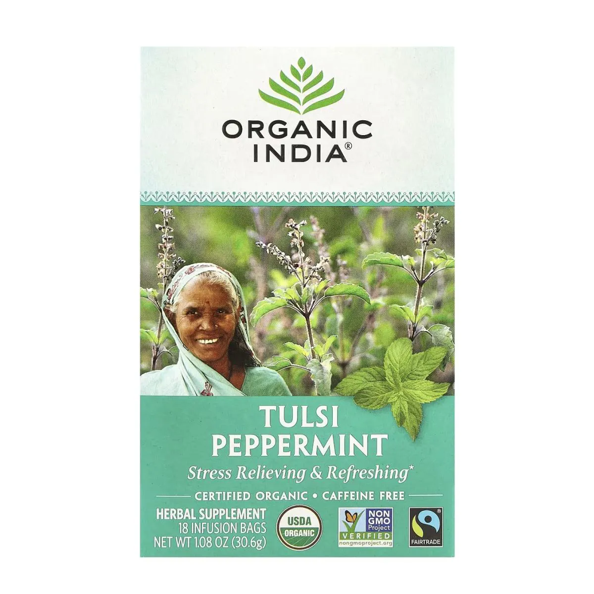 Chá Tulsi Hortelã Pimenta sem Cafeína 18 Sachês de Infusão 30,6G - Organic India