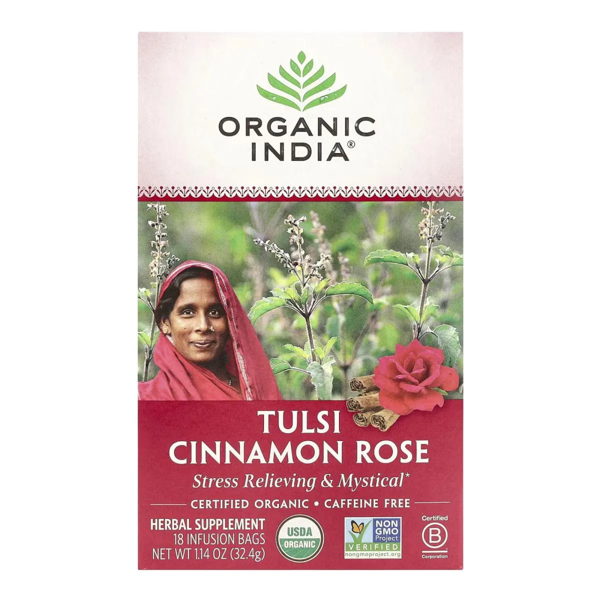 Chá Tulsi Canela e Rosa sem Cafeína 18 Sachês de Infusão 32,4G - Organic India