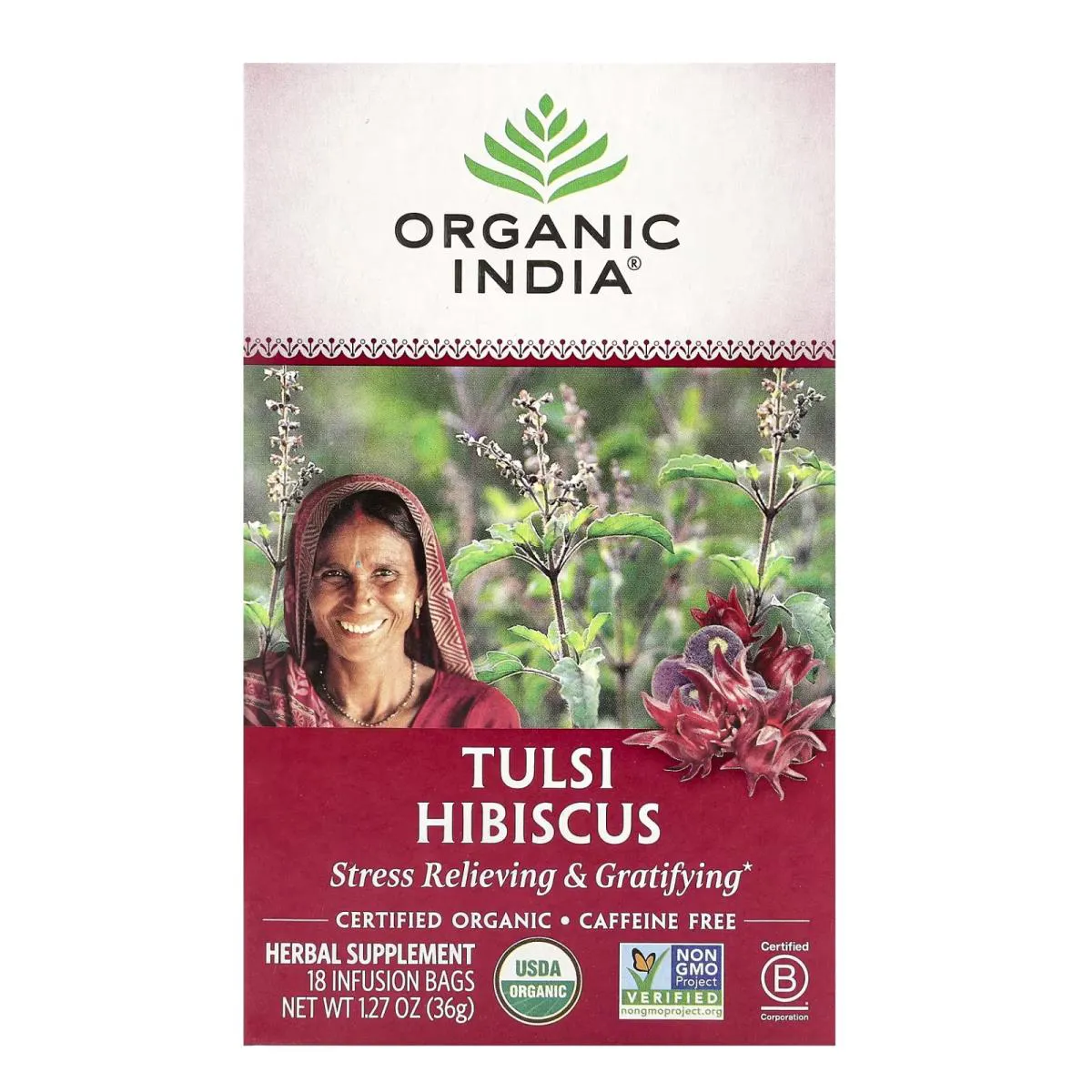 Chá Tulsi Hibisco sem Cafeína 18 Sachês de Infusão 36 G - Organic India