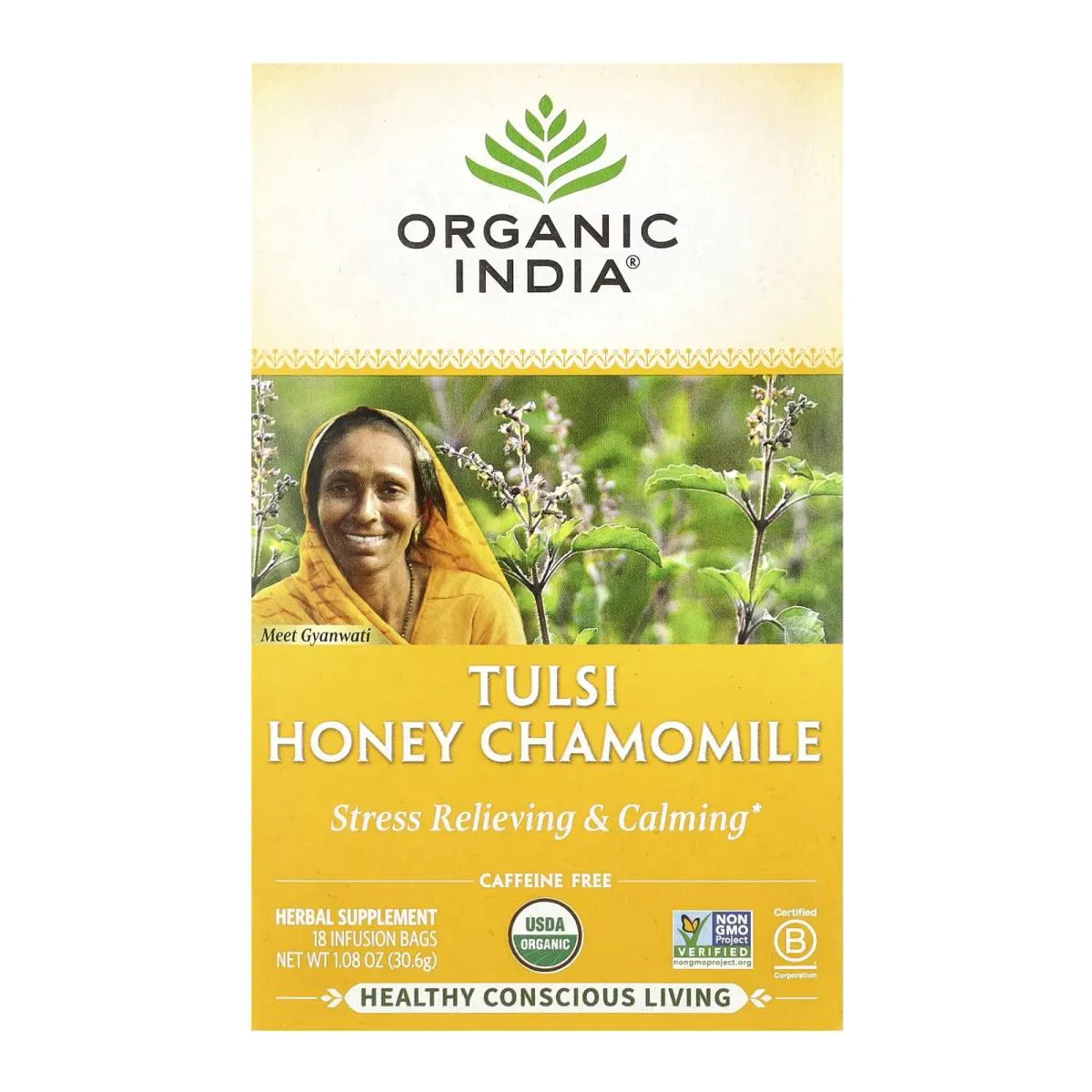 Chá Tulsi Mel e Camomila sem Cafeína 18 Sachês de Infusão 32,4G - Organic India