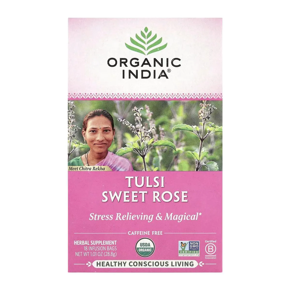Chá Tulsi Sweet Rose sem Cafeína 18 Sachês de Infusão 32,4G - Organic India