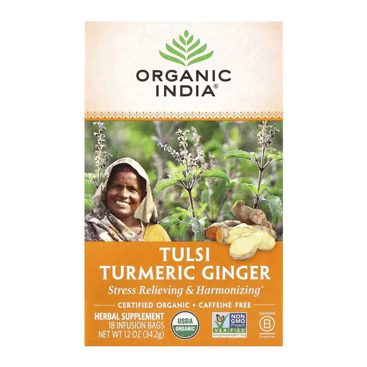 Chá Tulsi de Cúrcuma e Gengibre sem Cafeína 18 Sachês de Infusão 32,4G - Organic India