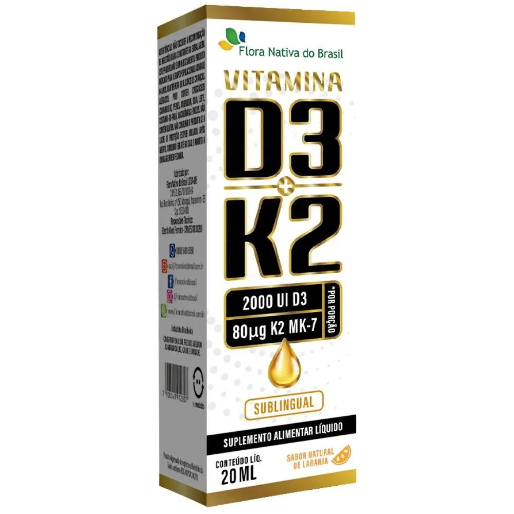 Vitamina D3 + K2 Sublingual em Gotas 20Ml - Flora Nativa Laranja