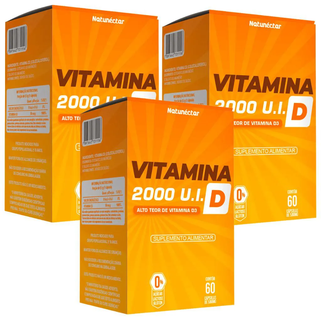 Kit 3 Vitamina D 500Mg 60 Cápsulas Ergocalciferol, Calciferol 2.000 Ui