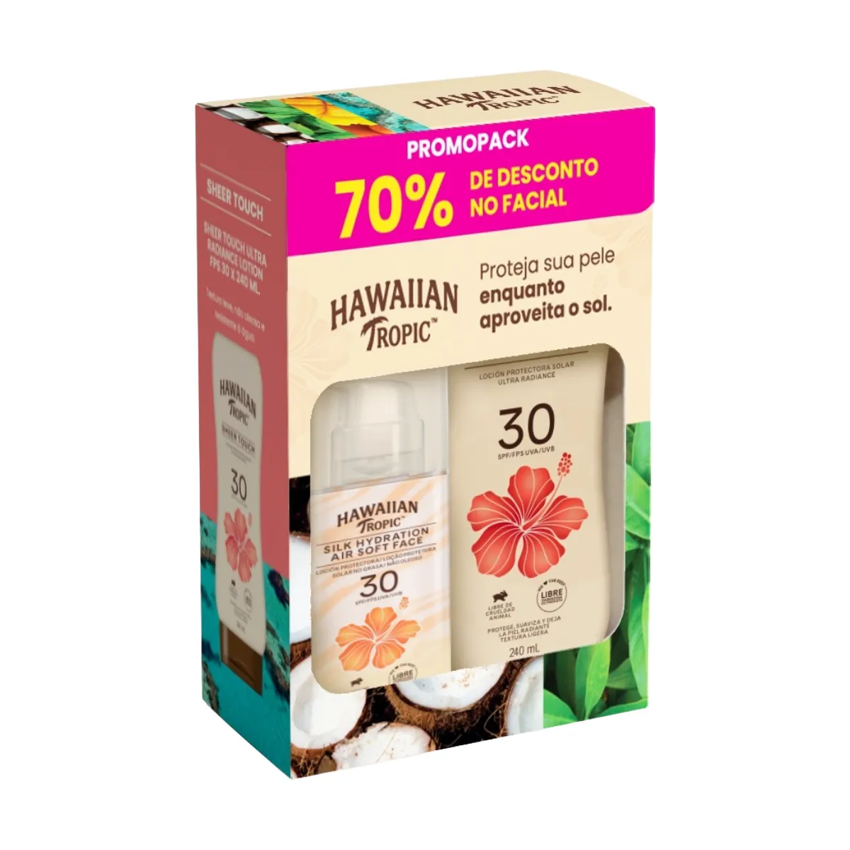 Kit Protetor Solar Corporal Hawaiian Tropic Sheer Touch FPS 30 240ml + Facial Air Soft Face FPS 30 50ml
