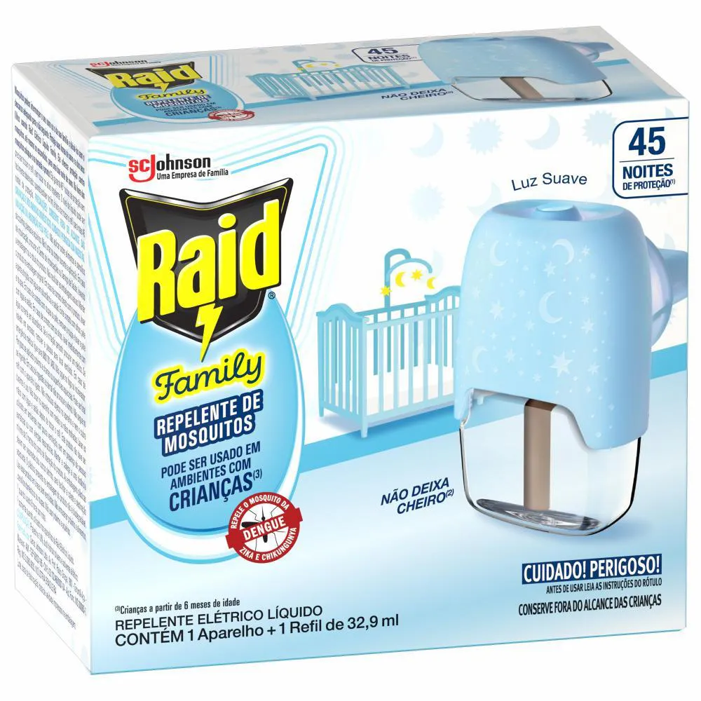 Pack Repelente Elétrico Líquido Raid 45 Noites Family + Refil 32,9Ml