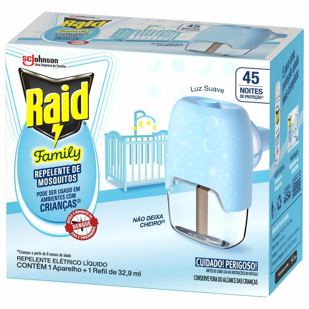 Pack Repelente Elétrico Líquido Raid 45 Noites Family + Refil 32,9Ml