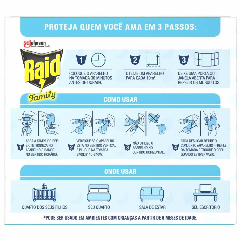 Pack Repelente Elétrico Líquido Raid 45 Noites Family + Refil 32,9Ml