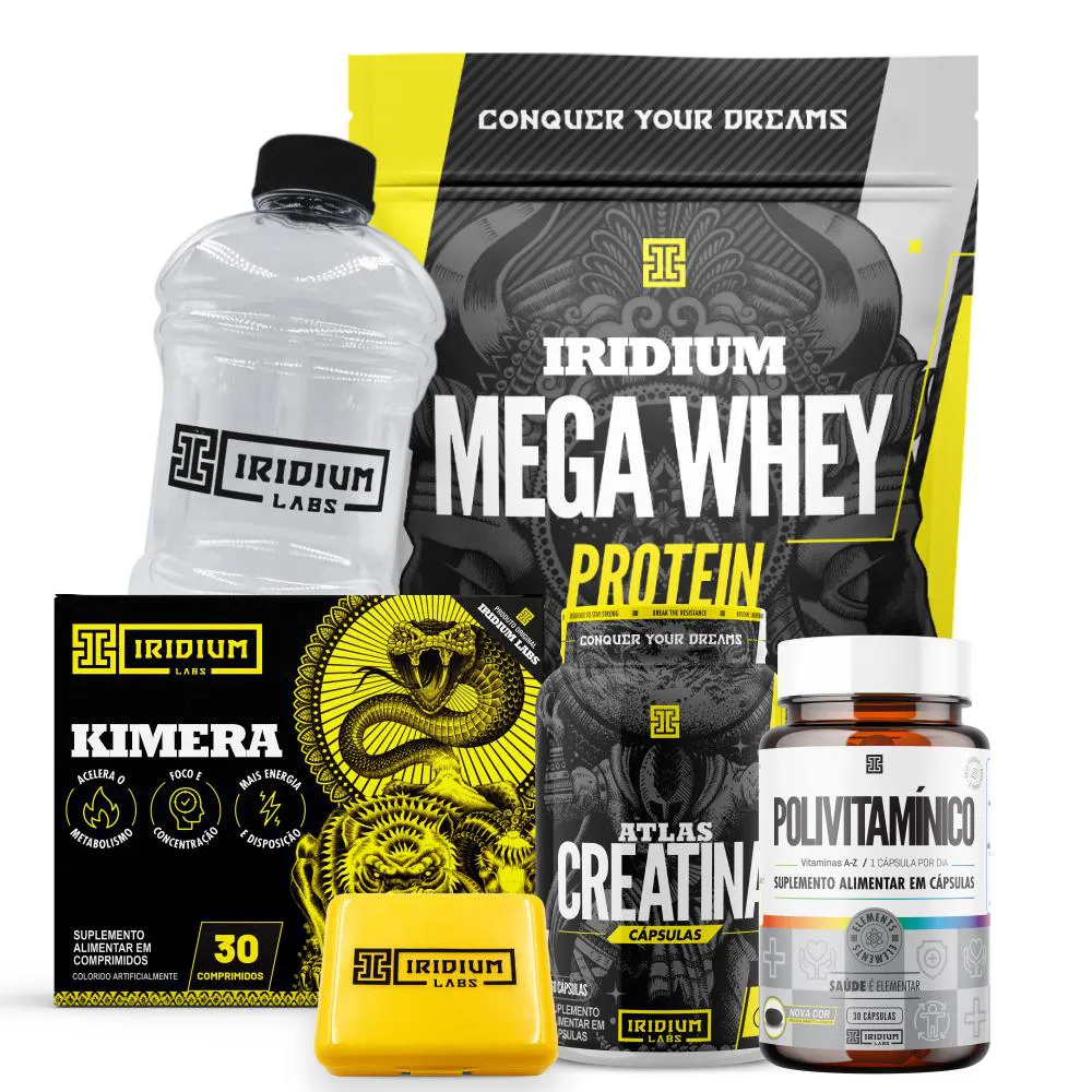 Mega Whey + Kimera Thermo 30 Comps +  Atlas Creatina 60 Cáps + Polivitamínico 30 Caps + Galão Cristal 950Ml + Porta Cáps Morango